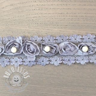 Ruban dentelle roses et perles grey