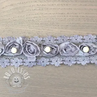 Ruban dentelle roses et perles grey