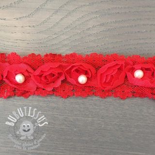 Ruban dentelle roses et perles red