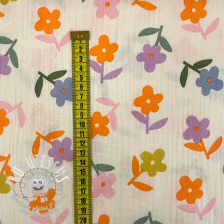 Tissu double gaze/mousseline Retro flowie ecru