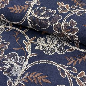 Tissu coton JEANS Embroidery leaves dark blue