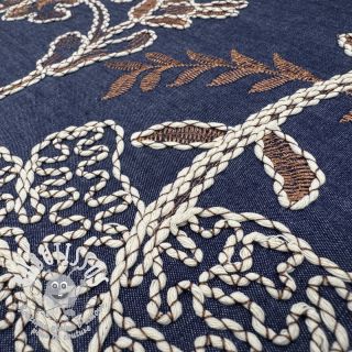 Tissu coton JEANS Embroidery leaves dark blue