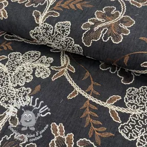 Tissu coton JEANS Embroidery leaves black