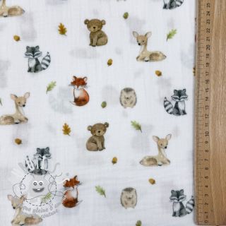 Tissu double gaze/mousseline Forest animals white digital print