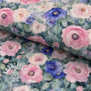 Tissu double gaze/mousseline Flower Maria petrol digital print