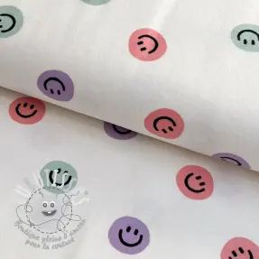 Tissu coton FLANNEL Happy faces off white lilac
