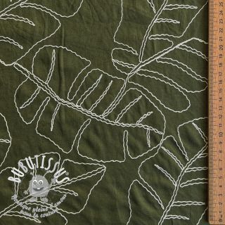 Viscose lin EMBROIDERY Leaves forest green