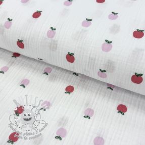 Tissu double gaze/mousseline Fruits apple white