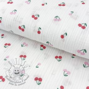 Tissu double gaze/mousseline Fruits cherry white