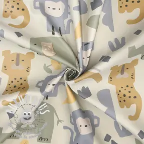 Raincoat fabric Safari animals ecru
